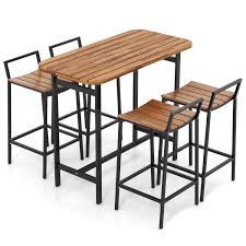 Photo 1 of 5 Piece Acacia Wood Outdoor Serving Bar Set, Bar Height Table and Chairs with Metal Frame and Footrest
