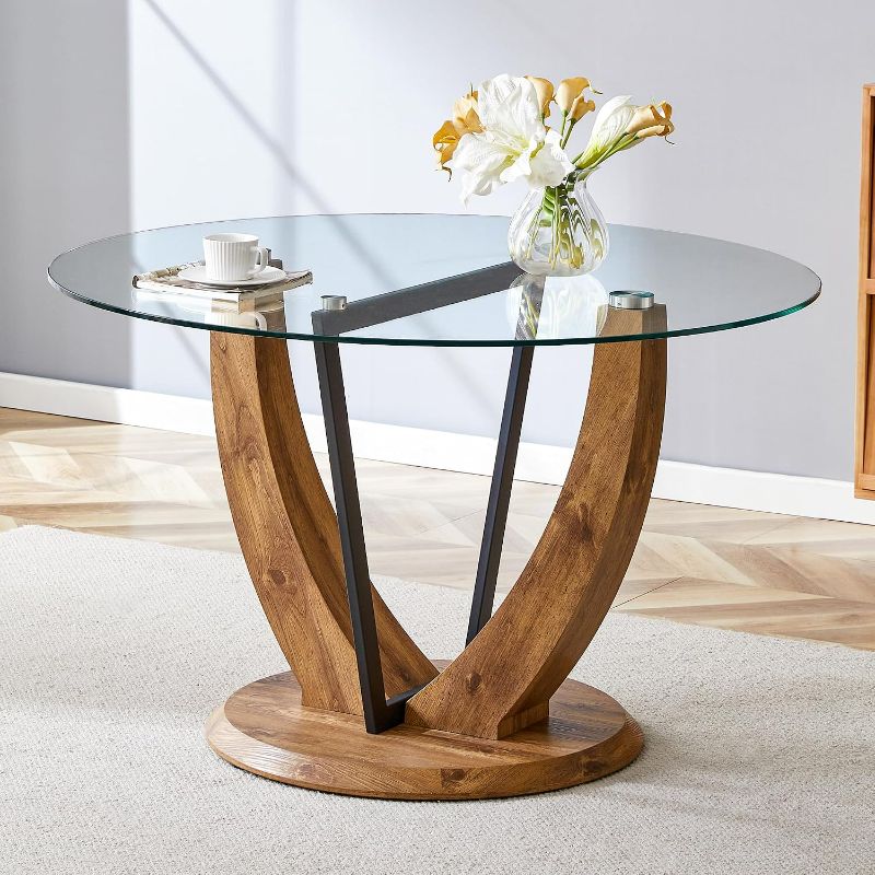 Photo 1 of Round Dining Table with 48 Inch Tempered Glass Top and Wood-Grain Base, Modern Kitchen Table for Small Spaces, Apartments and Breakfast Nooks, 48 x 48 x 30 inch, Transparent and Wood