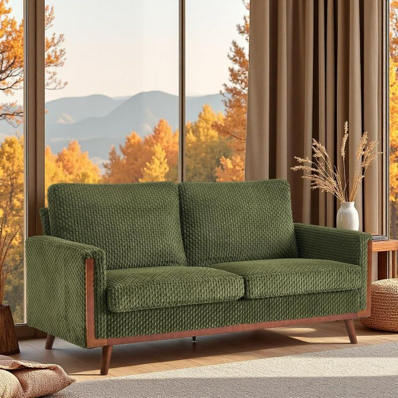 Photo 1 of VINGLI 68' W Comfortable Mid Century Loveseat, Two Seater Sofa with Spring Support & Solid Wood Frame, Corduroy Fabric Small Couch for Living Room, Small (Olive green )