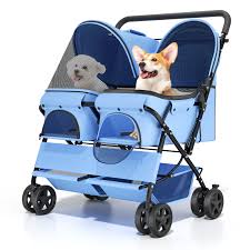 Photo 1 of Double Pet Stroller, Foldable Dog Stroller 4-Wheel Travel Cart With 2-Seater Carrier, Adjustable Canopy, Storage Basket