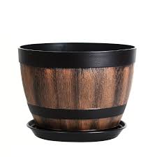 Photo 1 of Faux Whiskey Barrel Flower Pots with Tray – 1Pcs Rustic Plastic Planters for Indoor Outdoor Garden, Balcony, Patio Decor – Lightweight, Durable, Multipurpose Succulent & Flower Container Set