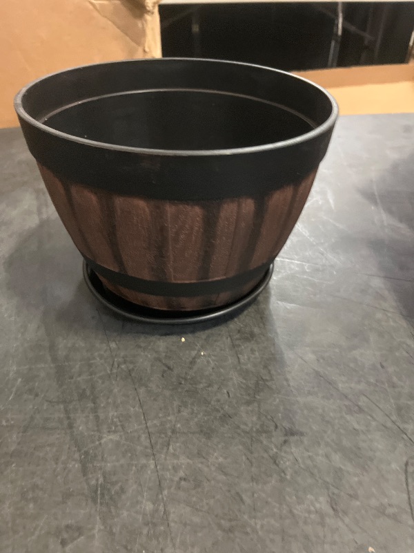 Photo 1 of Faux Whiskey Barrel Flower Pots with Tray – 1Pcs Rustic Plastic Planters for Indoor Outdoor Garden, Balcony, Patio Decor – Lightweight, Durable, Multipurpose Succulent & Flower Container Set