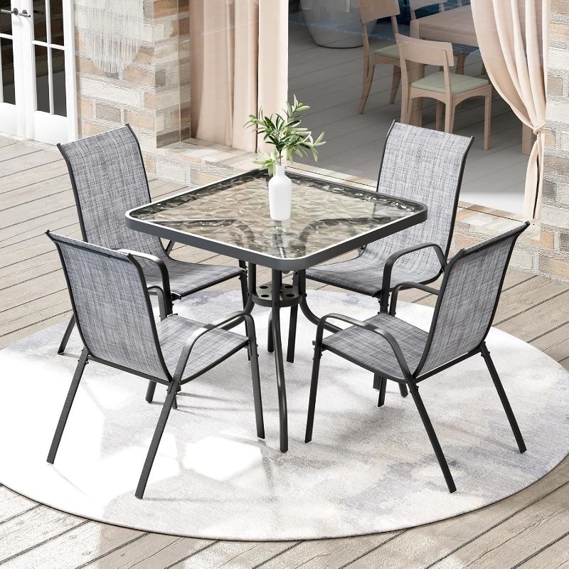 Photo 1 of 5 Pieces Outdoor Patio Dining Set, Glass Table and Textilene Chair