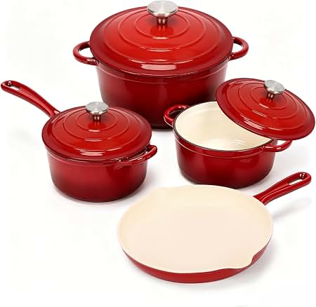 Photo 1 of 4-Piece Enameled Cast Iron Cookware Set with Lids, 10.25 Inch Skillet, 2QT Saucepan, 2.8QT and 4.8QT Dutch Ovens, Oven Safe to 500°F, Compatible with All Stovetops, Rouge Red