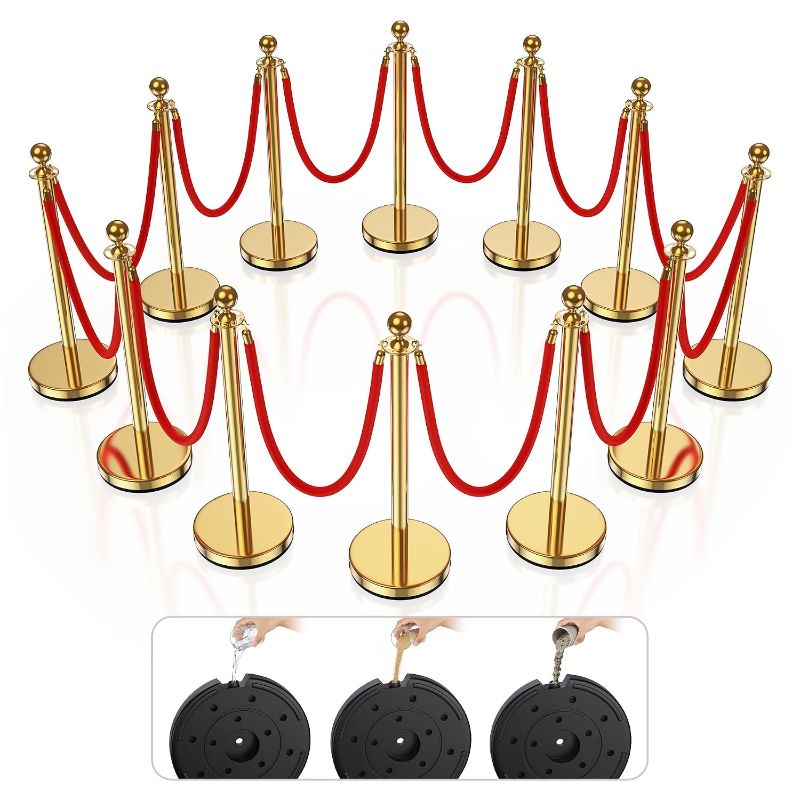 Photo 1 of 12-Pack Sturdy Gold Stanchion Posts, 10Pcs 5FT Red Velvet Ropes, Retractable Crowd Control Barriers, Sand-Fillable Base, Zinc-Alloy Ball Top for Weddings, Museums, Parties