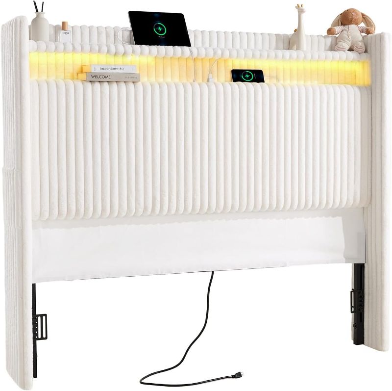 Photo 1 of 54" Tall Headboard Queen Size with Storage, LED Light, Off White