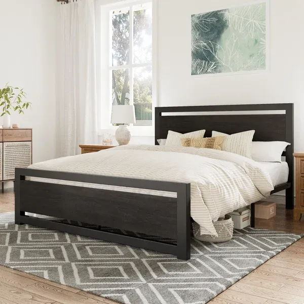 Photo 1 of Marilee Wood and Black Queen Size Metal Frame Bed with Headboard