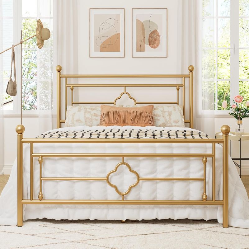 Photo 1 of Allewie Queen Size Metal Platform Bed Frame, Victorian Headboard, Gold