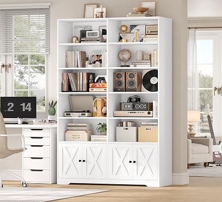 Photo 1 of 78'' Tall Bookcase with Doors, Storage Cabinet, Double Book Shelves, White