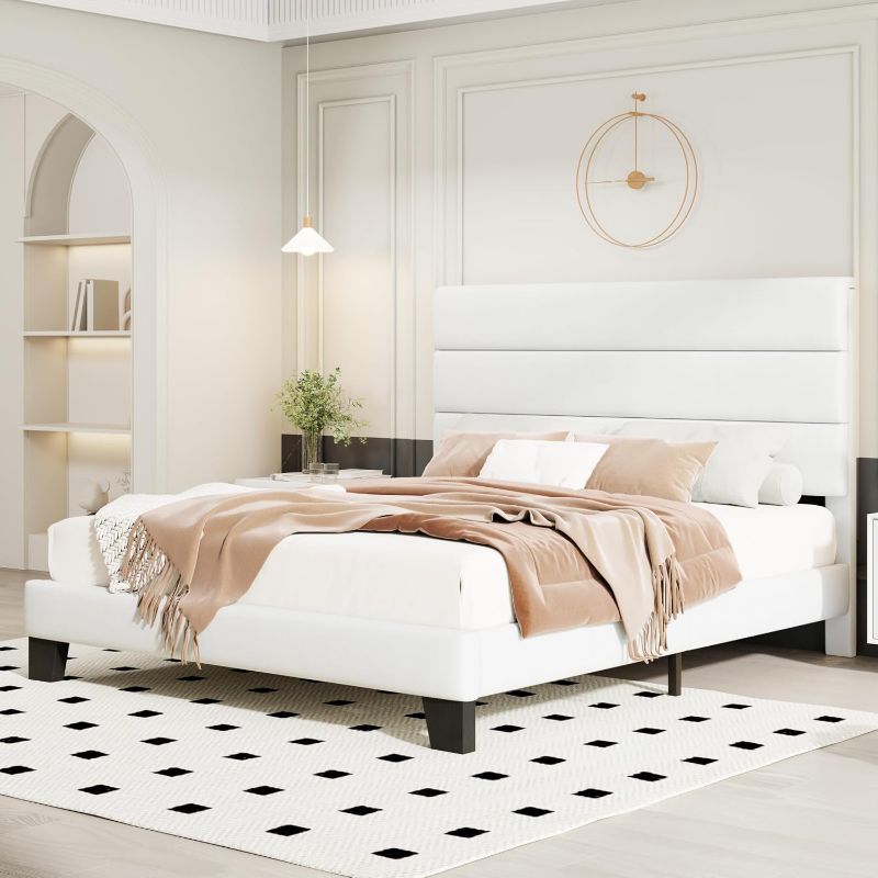 Photo 1 of HOOMIC Full Size Bed Frame with Headboard, Velvet Upholstered Platform Bed with Strong Wood Slats Support, Mattress Foundation, No Box Spring Needed, White