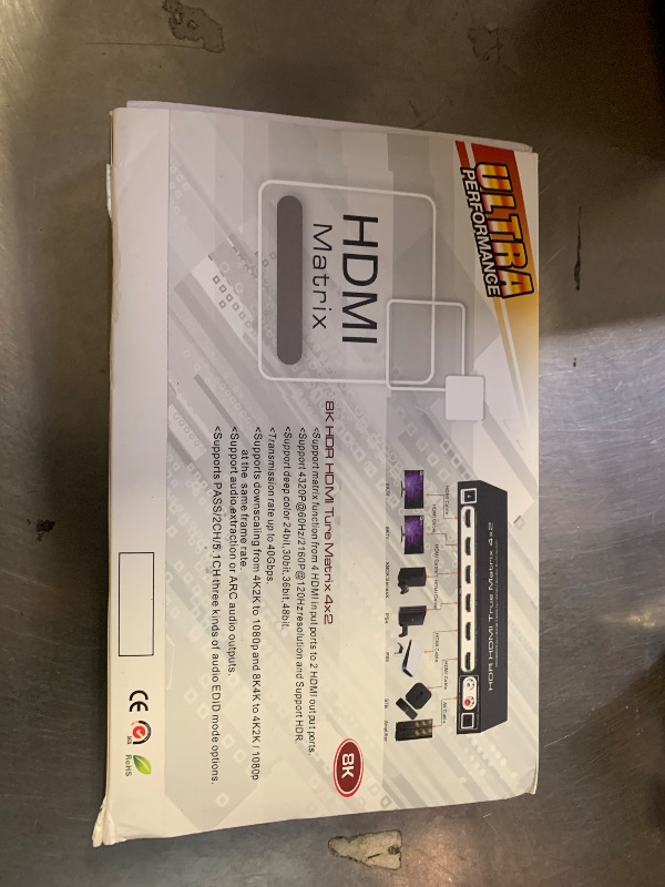 Photo 1 of FERRISA 8K 4X2 HDMI Matrix 4 in 2 Out HDMI 2.1 Matrix HDMI Video Switcher Splitter +Optical & L/R Audio Output,Support 4K 120Hz,HDR10 HDCP2.3 Dol-by Vision Atmos SPDIF 5.1CH ARC CEC with IR Remote