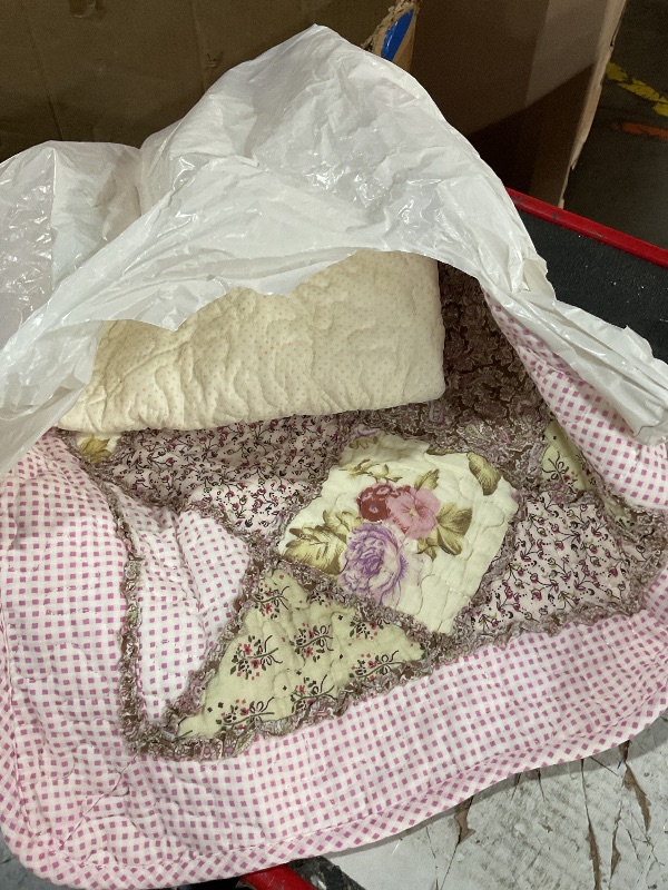 View 3 of ***STOCK IMAGE FOR REFERENCE***
Leeva Cotton Linen Chair Pads - Floral Plaid Patchwork, Set of 2, 18 x 18, Pink