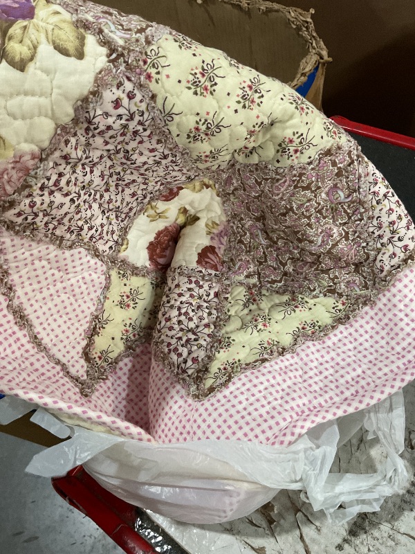 View 3 of ***STOCK IMAGE FOR REFERENCE***
Leeva Cotton Linen Chair Pads - Floral Plaid Patchwork, Set of 2, 18 x 18, Pink