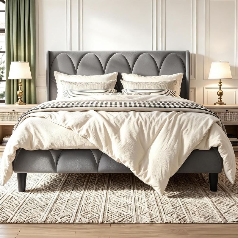 View 1 of **MISSING PIECES, FOR PARTS ONLY** OHOHOLIVE Queen Size Bed Frame Velvet Upholstered Headboard Platform Bed