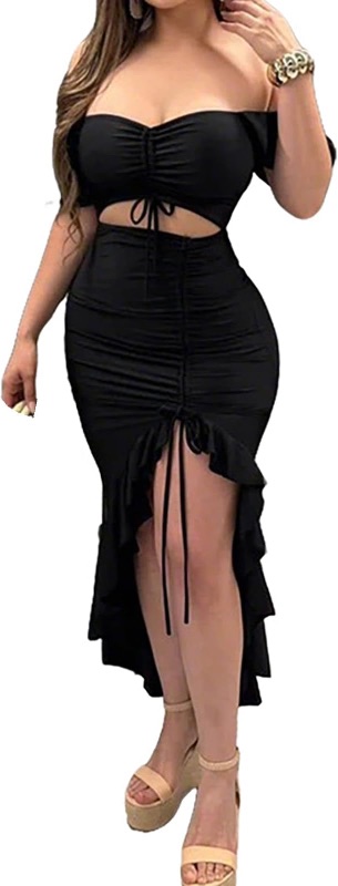 View 1 of ***STOCK IMAGE FOR REFERENCE***
Yuopeid Women's Summer Off Shoulder Bodycon Cut Out Irregular Ruffle Long Dress with Split Brown M