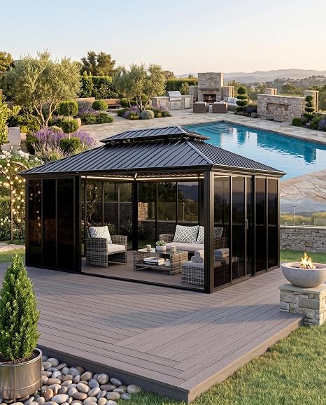 View 1 of ****REQUIRES AN XL VEHICLE - TRUCK OR TRAILER PICKUP*** ALL BOXES INCLUDED** Garvee 12x16 ft Hardtop Gazebo Sunroom, Enclosed Gazebo with Floor-to-Ceiling Sliding Doors, All-Aluminum Alloy Frame, Screen Outdoor Room Solarium for Backyard, Patio, and Deck