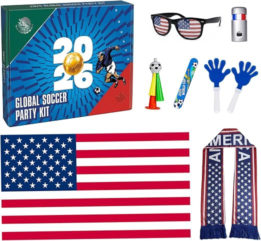 Photo 1 of ***cannada not usa*** Soccer Fan Gear Set for 2026 World Tournament, Soccer Party Favors Kit with Flag,Scarf, Face Paint, Clapper, Horn&Glasses,Supporter Accessories for Game...