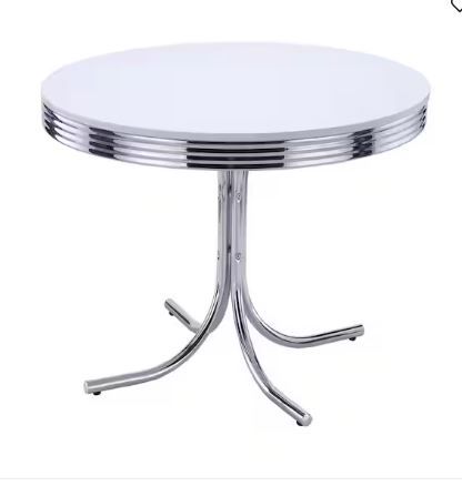 Photo 1 of ***PARTIAL SET - PRICE ADJUSTED*** 
***STOCK PHOTO FOR REFERENCE ONLY***
Retro Glossy White and Chrome Wood Top Round Pedestal Dining Table Seats 4