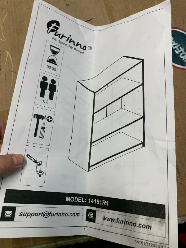 Photo 1 of ***MISSING HARDWARE AND MINOR DAMAGE***Furinno Jaya Book Shelf, 3-Tier Bookshelf, Bookcase with Adjustable Shelves, 9.5 x 24.5 x 40.3, for Organization and Storage, for Living Room, Bedroom, Home Office, White