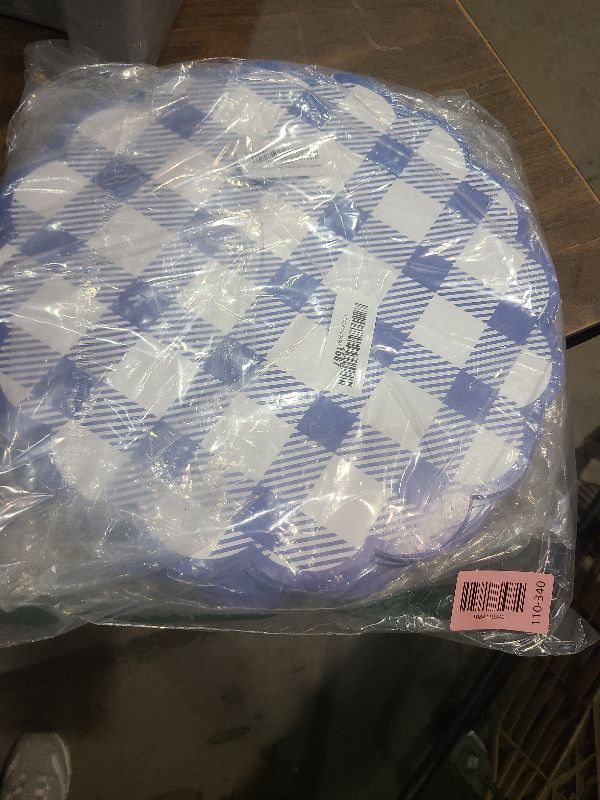 Photo 1 of 48Pcs Blue Checkered Paper Placemats 13.5 Inch Scalloped Round Disposable Gingham Place Mats, Waterproof Decorative Table Mats for Baby Shower Outdoor Picnic BBQ Birthday Tea Party
