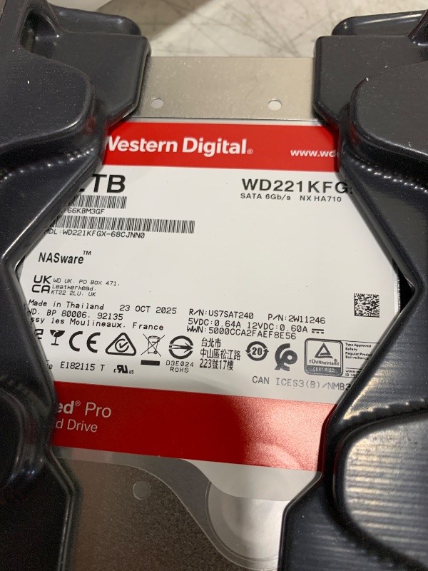Photo 1 of Western Digital 22TB WD Red Pro NAS Internal Hard Drive HDD - 7200 RPM, SATA 6 Gb/s, CMR, 512 MB Cache, 3.5" - WD221KFGX