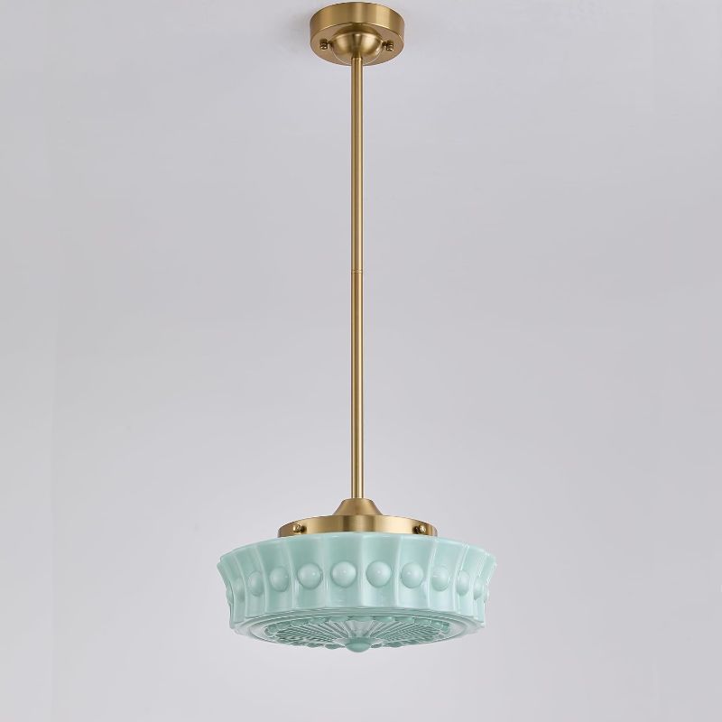 Photo 1 of FCTWAKS Schoolhouse Pendant Fixtures, 14" Mid Century Modern Brass Gold Milk Green Glass Pendant Light, Adjustable Height, Vintage Ceiling Hanging Lighting for Dining Room,Hallway,Kitchen Island
