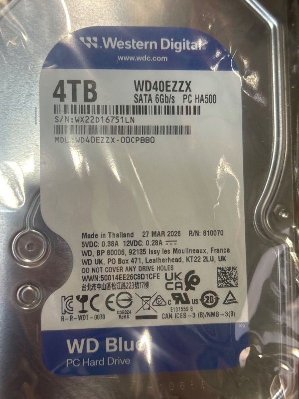 Photo 1 of **View Clerk Notes**Western Digital 4TB WD Blue PC Internal Hard Drive HDD - 5400 RPM, SATA 6 Gb/s, 128 MB Cache, 3.5" - WD40EZZX