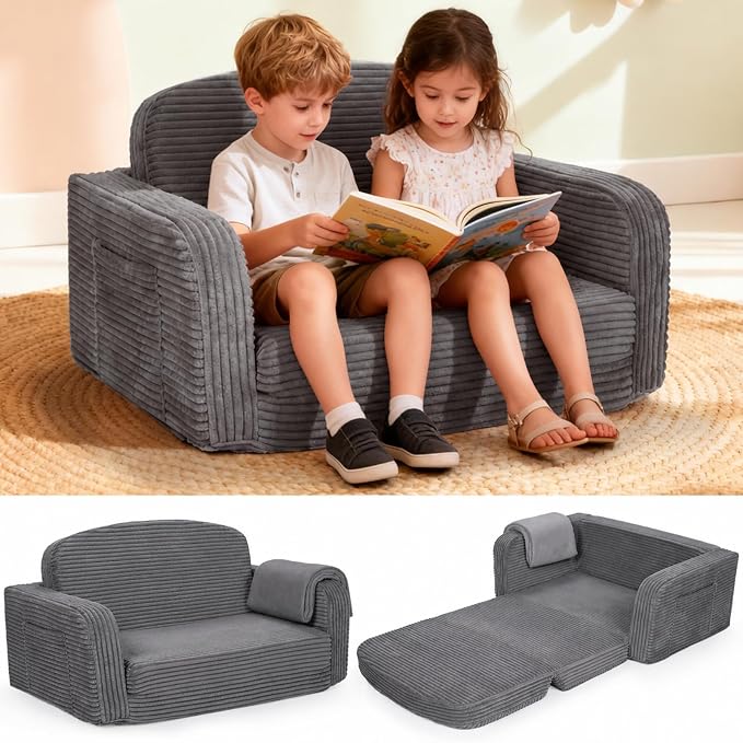Photo 1 of ***SIMILAR IMAGEN*** Foryoomi Extra Wide 2 in 1 Convertible Toddler Kids Couch - Corduroy Fold Out Kids Sofa Chair with Blanket, Comfy Comfortable Toddler Chair, Machine-Washable Cover, for Boys Girls, Dark Grey