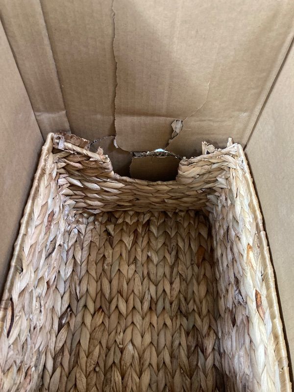 Photo 1 of ***One basket has a broken handle***Large Wicker Basket Rectangular with Wooden Handles for Shelves, Water Hyacinth Basket Storage, Natural Baskets for Organizing, Wicker Baskets for Storage 14.5 x 10.3 x 7.5 inches - 3 Pack***One basket has a broken hand
