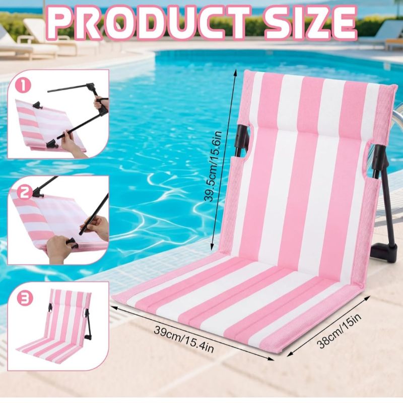 Photo 1 of Foldable Poolside Chairs Portable Beach Chair Stripe Folding Lounge Seat with Back Support Edge of Pool Portable Flip Poolside Seat for Adult Traveling Camping Lawn (Pink and White)