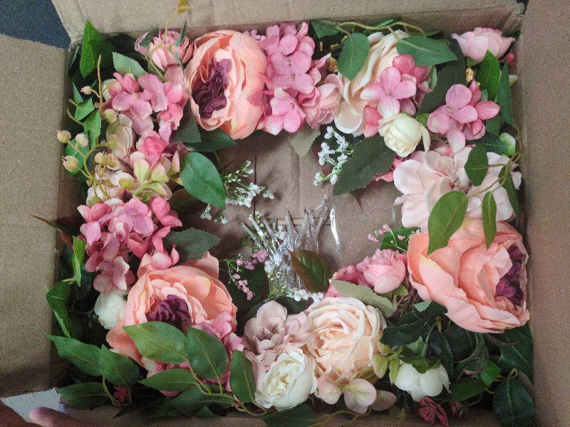 Photo 1 of [Lighted & Timer] 22" Spring Summer Wreaths for Front Door Peony Wreath with Lights Pink Silk Flower Hydrangea Rose Green Leaves Floral Wreath for Home Wall Window Wedding Party Indoor Outdoor Decor
