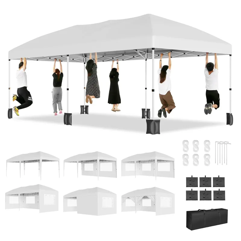 Photo 1 of 10x20FT Pop Up Canopy Tent with 6 Removable Sidewalls, Waterproof, Wind-Resistant, Includes Carry Bag and Sandbags, Outdoor Folding Shelter for Wedding, Party, Camping, White