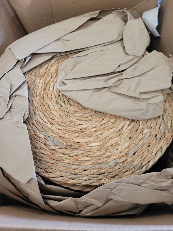 Photo 1 of 13 Inch Round Woven Placemats Set of 24, Boho Farmhouse Rustic Rattan Wicker Braided Chargers for Dining Table, Water Hyacinth Jute Place Mats for Dinner Plates, Outdoor Patio & Wedding Decor