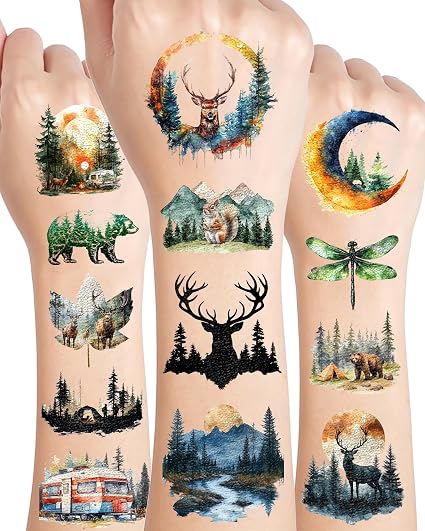 Photo 1 of 156 Pieces Forest Temporary Tattoos Stickers,20 Sheets Forest Tree Animal Adventure Nature Themed Tattoos Stickers Party Decoration Supplies Party favors for Kids Adults