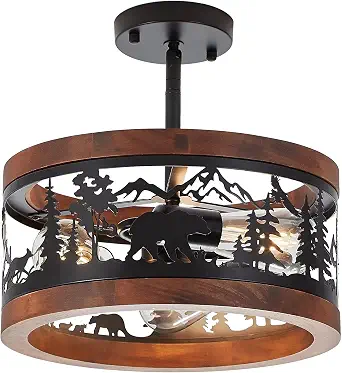 Photo 1 of Rustic Farmhouse Semi-Flush Mount Ceiling Light Fixture, Round Metal and Wood 3-Light with Bear Design, E26 Base Wildlife Cabin Lighting for Kitchen, Bedroom, Hallway, Entryway, Sloped Ceiling