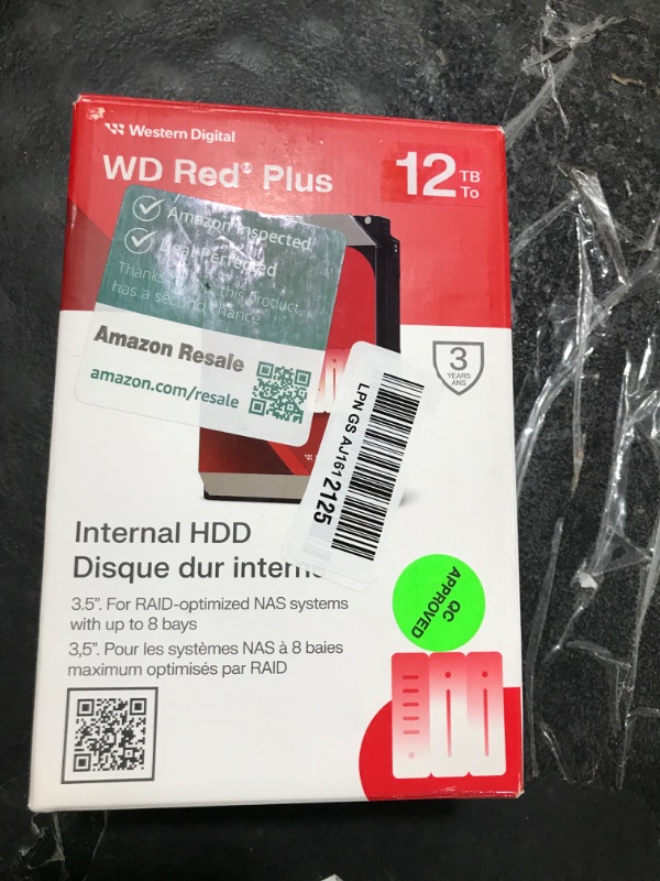 Photo 1 of Western Digital 12TB WD Red Plus NAS Internal Hard Drive HDD - 7200 RPM, SATA 6 GB/s, CMR, 512 MB Cache, 3.5" - WD120EFGX