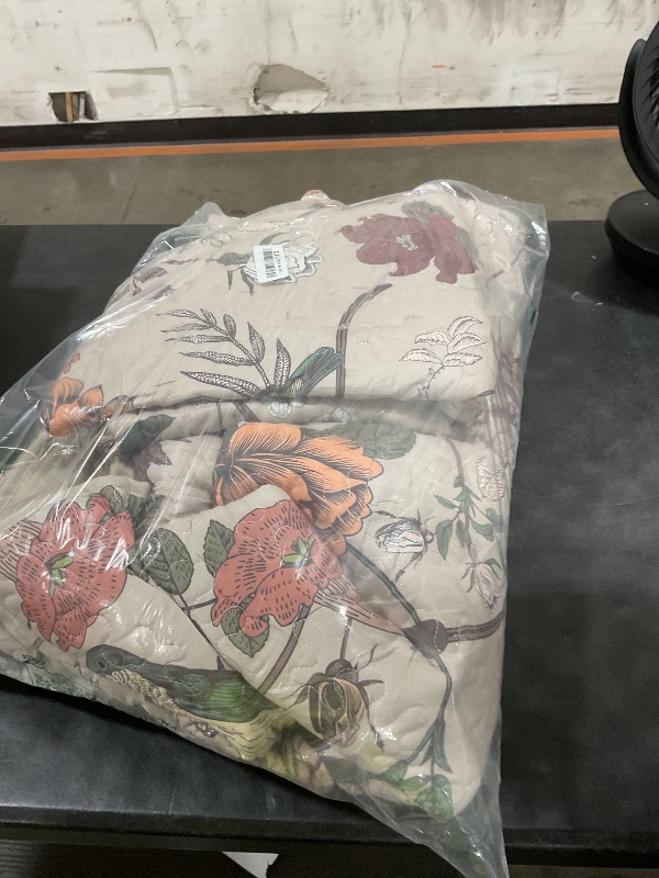 Photo 1 of Litanika Queen Quilt Set - Botanical Floral & Bird Print, Oatmeal
