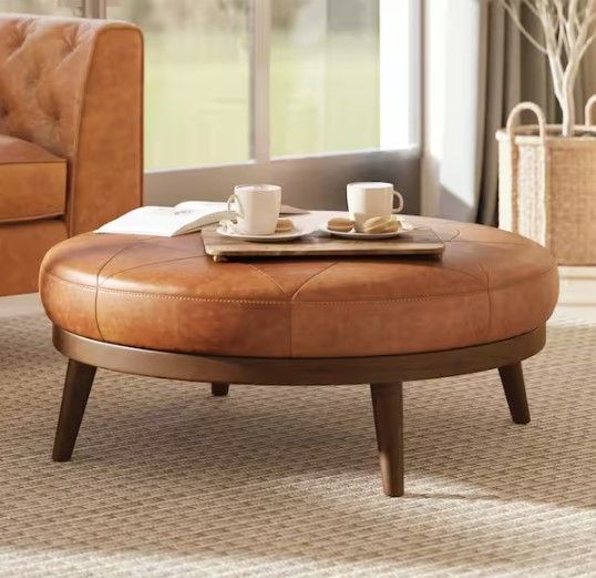 Photo 1 of Gio Cognac Tan Leather Round Ottoman
