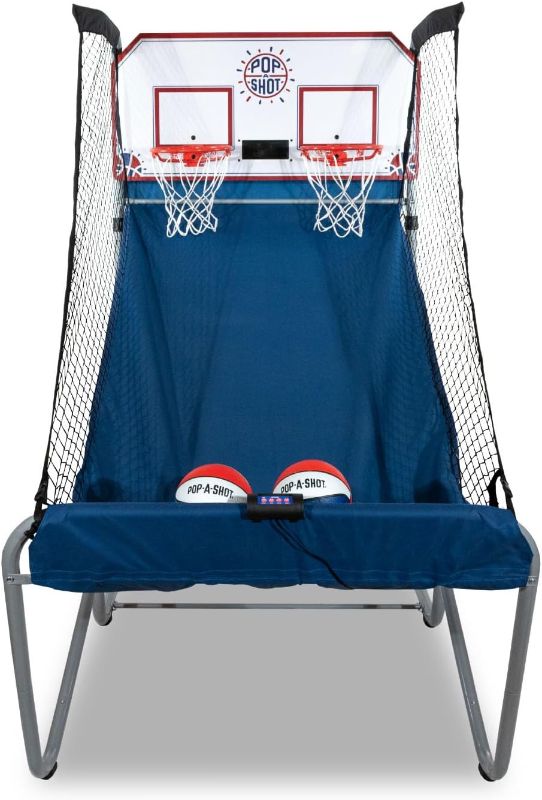 View 1 of Pop-A-Shot Home Dual Shot | 2-Hoop Indoor Electronic Arcade Basketball | Indoor Arcade Electronic Basketball Machine with 16 Game Modes, 7 Balls, Adjustable Height, Dual Hoops, and Foldable Storage