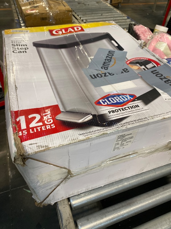 View 2 of ***MINOR DAMAGE*** Glad Slim Trash Can with Clorox Odor Protection - Narrow Kitchen Garbage Bin with Soft Close Lid, Step On Foot Pedal and Waste Bag Roll Holder, Stainless Steel, 12 Gallon/45 Liter
