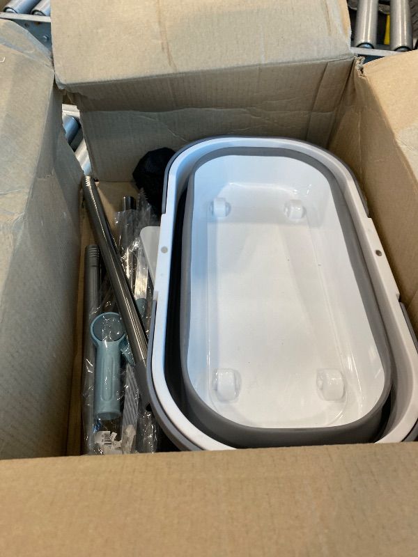 Photo 1 of [MISSING PARTS] Flat Mop and Bucket Set with Floor Squeegee, Heavy Duty Scrub Brush, 2 Washable Reusable Microfiber Pads, for Tile Hardwood, Wall Cleaning, Home Indoor or Outdoor Cleaning (White-Gray)