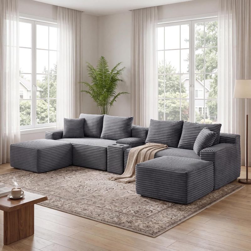 View 1 of **MISSING BOXES, ONLY ONE PIECE OF THE SECTIONAL** 127" U-Shaped Cloud Sectional Couch Oversized Modular Compressed Boneless Sectional Sofa with Ottoman Chaise Lounges & Console, Plush Corduroy Boneless Symmetrical Sofa
