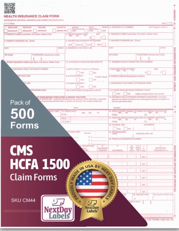 Photo 1 of ***STOCK IMAGE FOR REFERENCE***
NextDayLabels CMS 1500 / HCFA 1500 Insurance Claim Forms, 500 Sheets | Laser & Inkjet Compatible, New Version, 8.5" x 11", 1-Part Form, Printed Red Ink, Made in USA