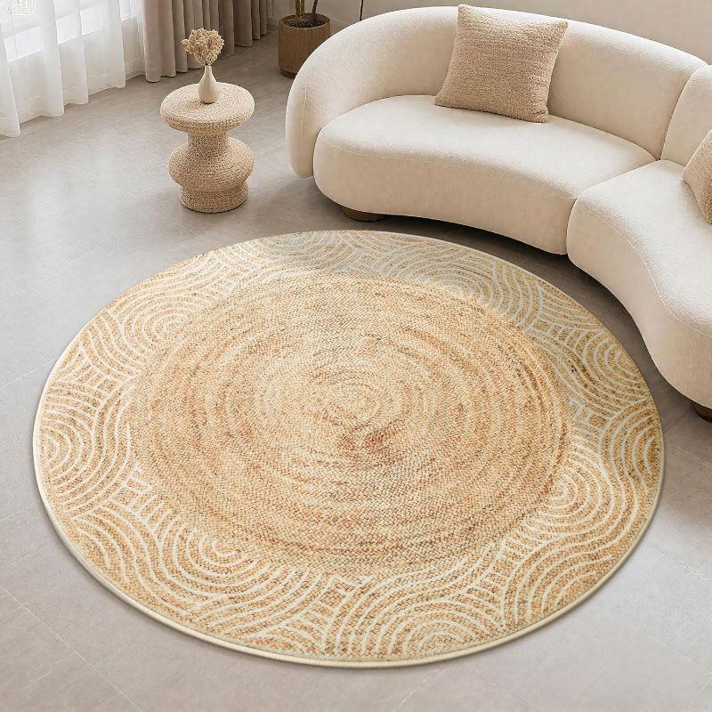 Photo 1 of ***STOCK PHOTO FOR REFERENCE ONLY***Carvapet 4ft Round Accent Area Rug Faux Jute Circle Carpet Yellow | Smooth touch printed low pile washable skid-resistant floor mat for armchair, entryway, office desk or nursery corner
