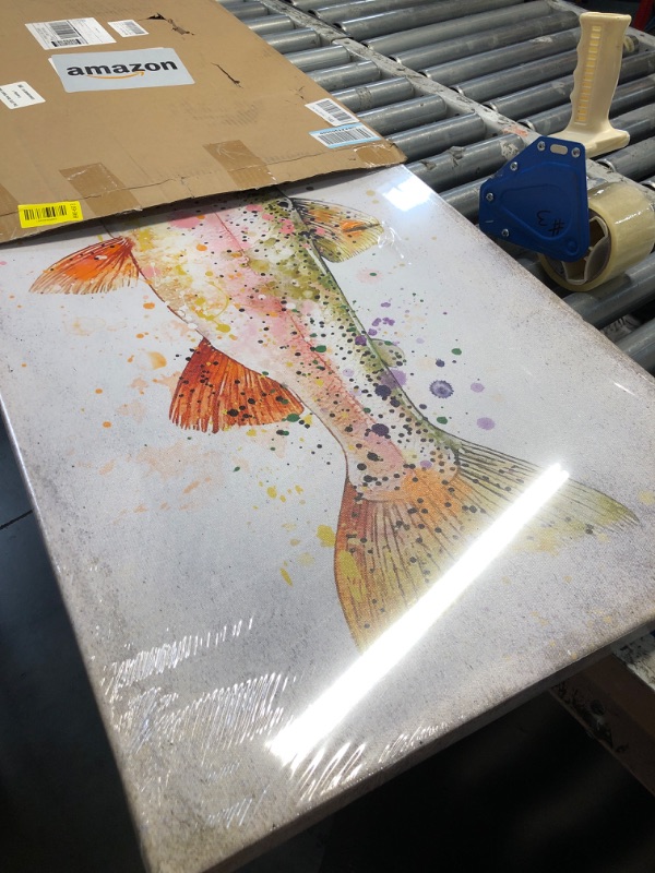 Photo 1 of ***DAMAGED - SEE NOTES/PICTURES***KREATIVE ARTS Large Rainbow Trout Canvas Wall Art, Colorful Watercolor Fish Painting Stretched Canvas for Living Room Cabin, Man Cave, 20x40 Inch Ready to Hang
