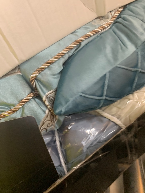 Photo 1 of ***GREEN, NOT BLUE*** QuiltMuse King Size Light Blue Jacquard Comforter Set, 7 Piece Vintage Damask All Season Bed in a Bag, Luxury Textured Bedding Set with Bed Skirt, Pillow Shams & Decorative Pillows