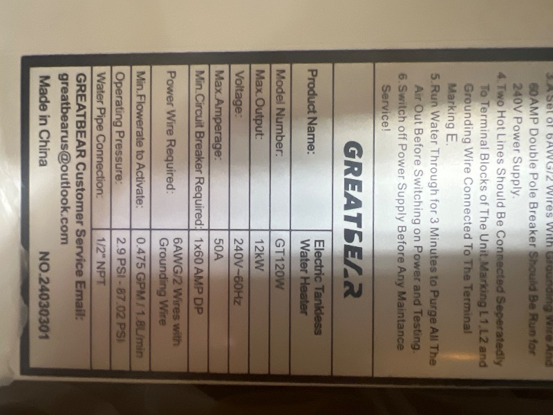 Photo 1 of GREATBEAR 12KW Electric Tankless Water Heater 240V