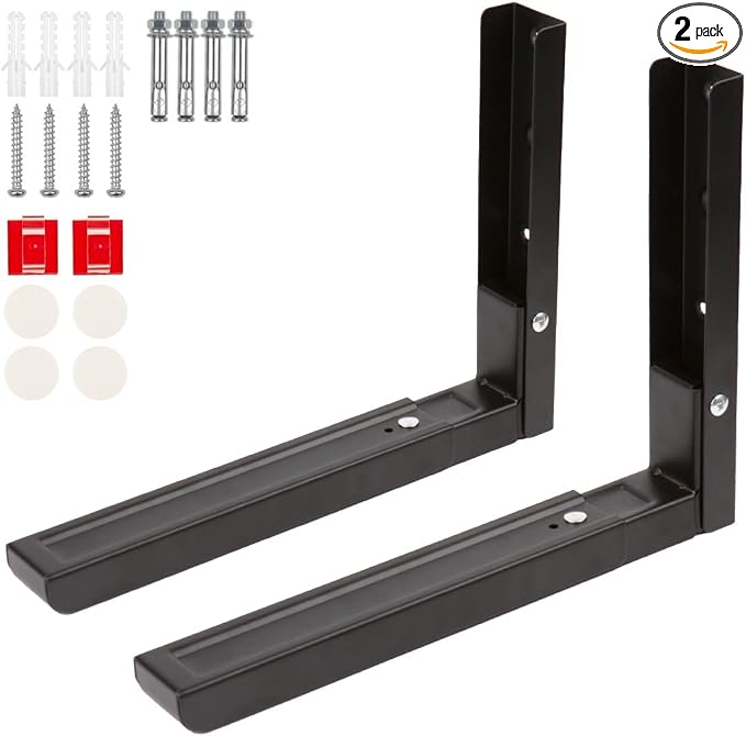 Photo 1 of Microwave Wall Mount Bracket, Retractable Foldable Microwave Oven Shelf | Adjustable Heavy Duty Carbon Steel Wall Mount with Accessories, Space Saving for Kitchen (Black)
