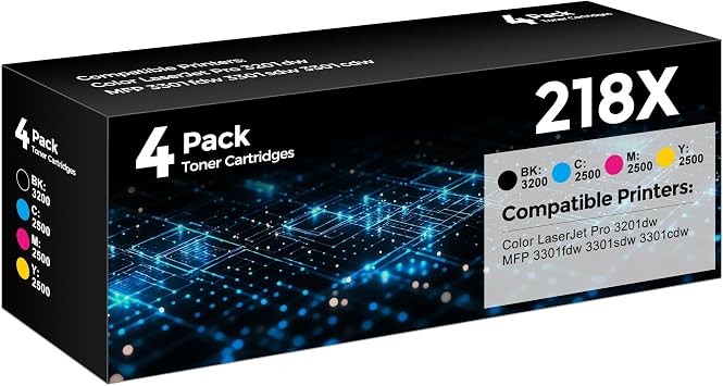 Photo 1 of YQSLPBM 218X Toner Cartridges 4 Pack Compatible for HP 218A 218X Toner | Color LaserJet Pro 3201dw MFP 3301fdw 3301sdw 3301cdw Printer(Black/Cyan/Yellow/Magenta)