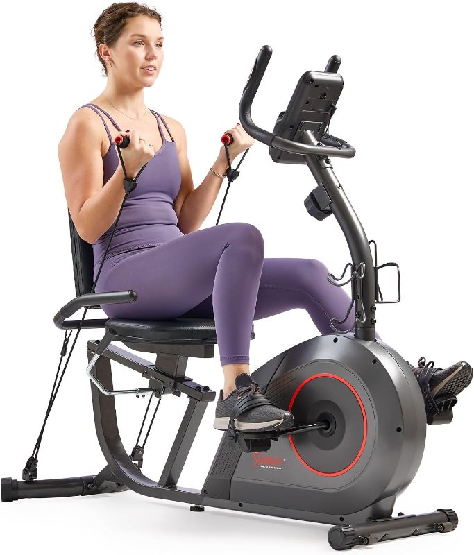 Photo 1 of Sunny Health & Fitness Smart Recumbent Bike, Wide Cushioned Seat & Back, Indoor Cycling Machine for Adult/Seniors Home Exercise, Free SunnyFit App Connection
